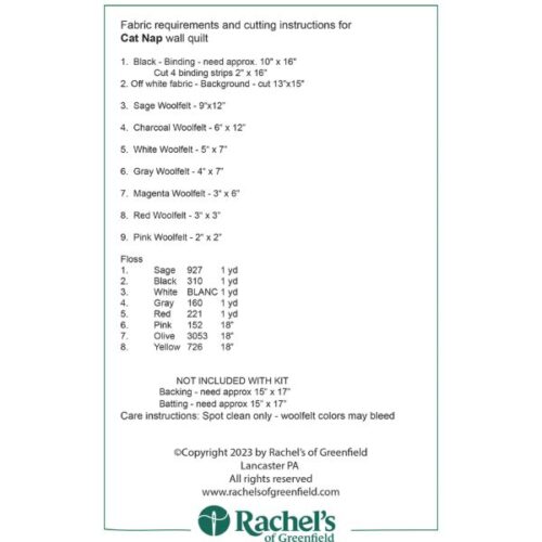 RK0423 Cat Nap Wall Quilt Kit: Rachel's of Greenfield