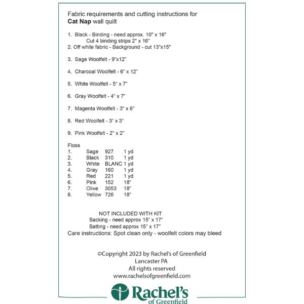 RK0423 Cat Nap Wall Quilt Kit: Rachel's of Greenfield