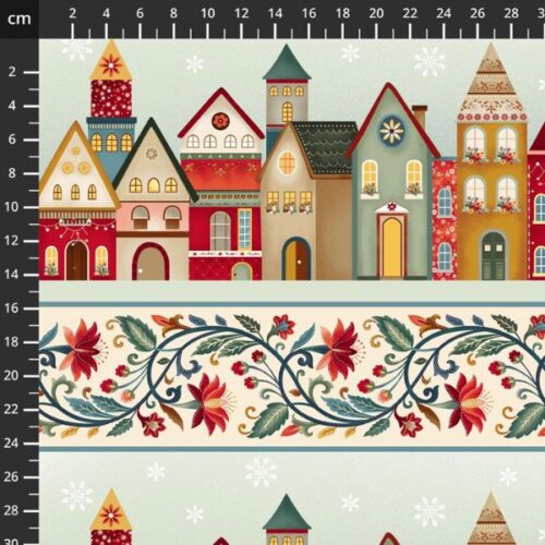 3612-44 Cream Multi, Nordic Holiday Village by Mary Jane Carey features rows of Nordic houses with a floral vine pattern.