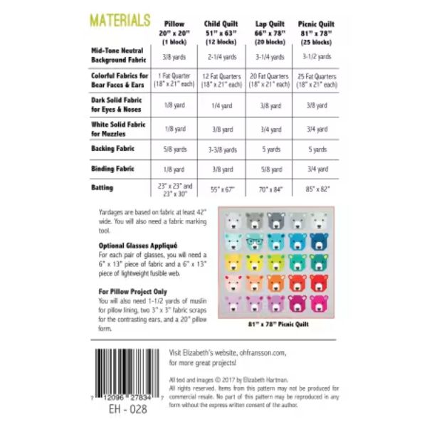 EH028 Bjorn Bear Quilt Pattern - Elizabeth Hartman