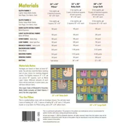 EH085 Snuggly Sloths Quilt Pattern - Elizabeth Hartman