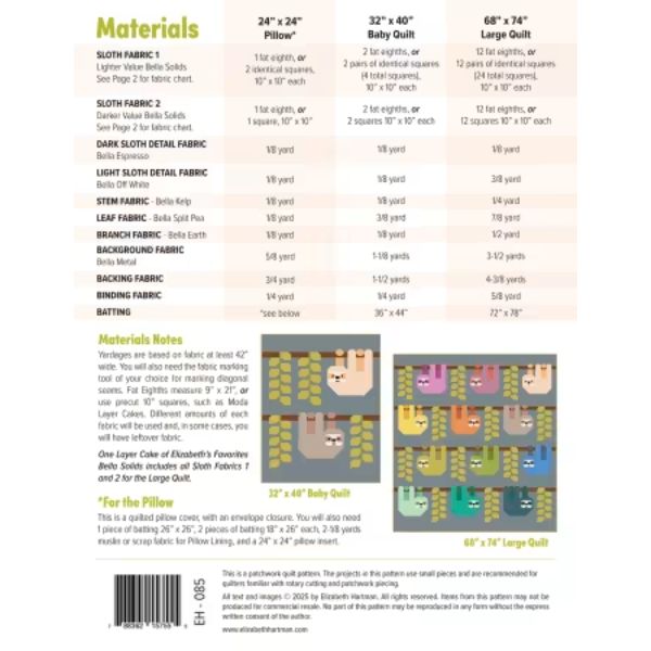 EH085 Snuggly Sloths Quilt Pattern - Elizabeth Hartman