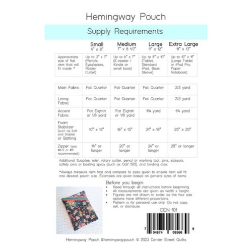 CEN101 Hemingway Pouch Patttern by Kristina Brinkerhoff of Center Street Quilts