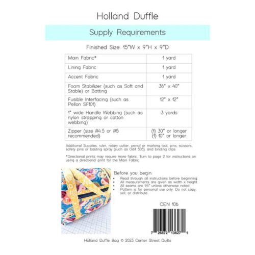 CEN106 Holland Duffle Bag Pattern by Kristina Brinkerhoff of Center Street Quilts