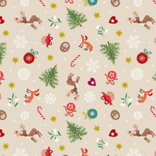 C141A Scattered Festive on Cream (with gold metallic), Christmas in Bluebell Wood by Lewis & Irene