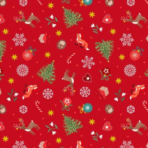 C141B Scattered Festive on Red (with gold metallic), Christmas in Bluebell Wood by Lewis & Irene