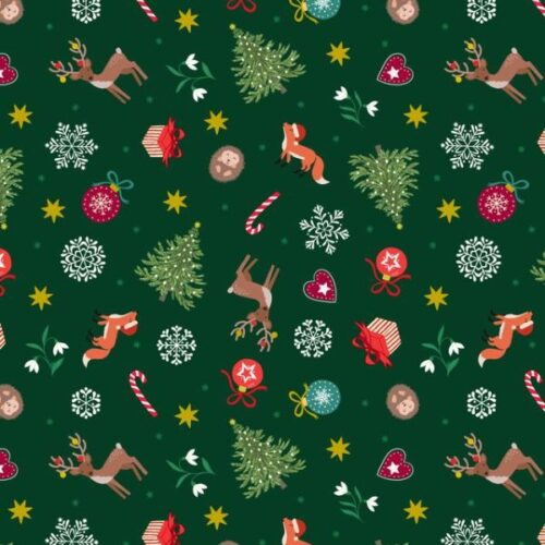 C141C Scattered Festive on Green (with gold metallic), Christmas in Bluebell Wood by Lewis & Irene