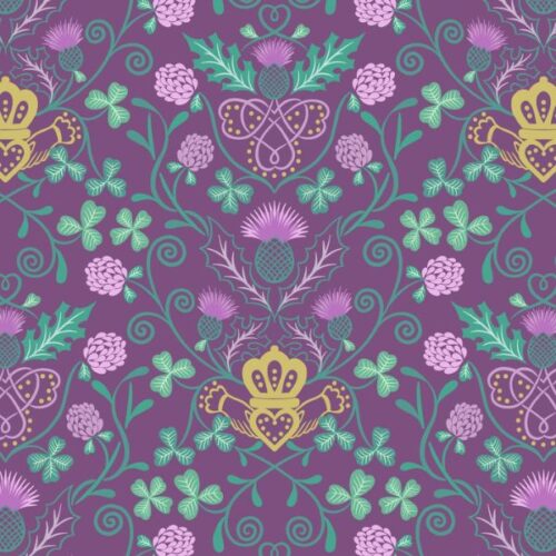 L44B Claddagh on Purple (with gold metallic), Fields of Clover by Lewis & Irene