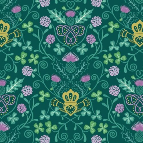 L44C Claddagh on Emerald Green (with gold metallic), Fields of Clover by Lewis & Irene
