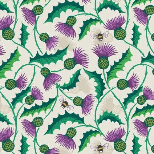 L47A Thistles and bee on cream (with gold metallic), Fields of Clover by Lewis & Irene