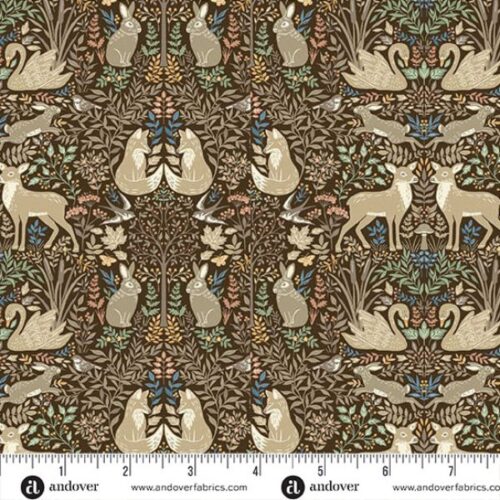 263-V Glade Brown, Wildwood by Makower features a traditional arts and crafts inspired woodland print with animals and foliage on a warm brown background.