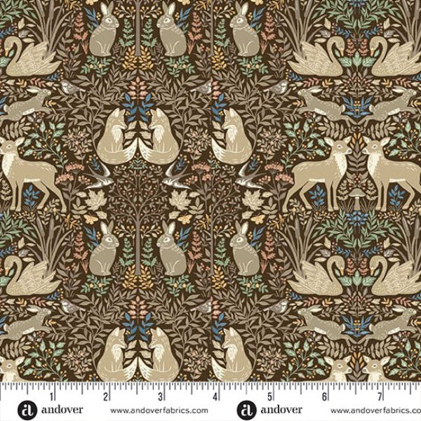 263-V Glade Brown, Wildwood by Makower features a traditional arts and crafts inspired woodland print with animals and foliage on a warm brown background.