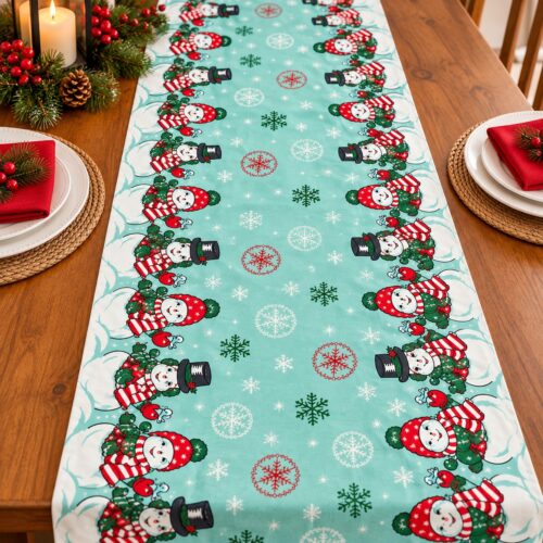 Classic Retro Holiday Snowy Snowman 16 inch tea towelling used as a festive Christmas table runner