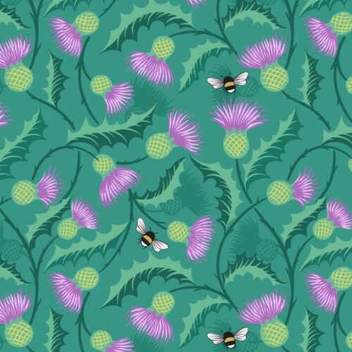 L47B Thistles and bee on light emerald (with gold metallic), Fields of Clover by Lewis & Irene