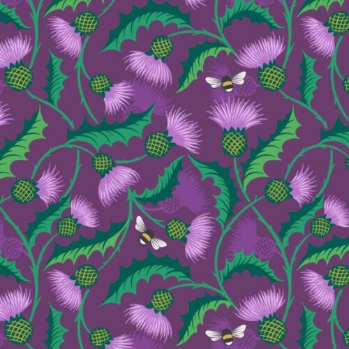 L47C Thistles and bee on purple (with gold metallic), Fields of Clover by Lewis & Irene