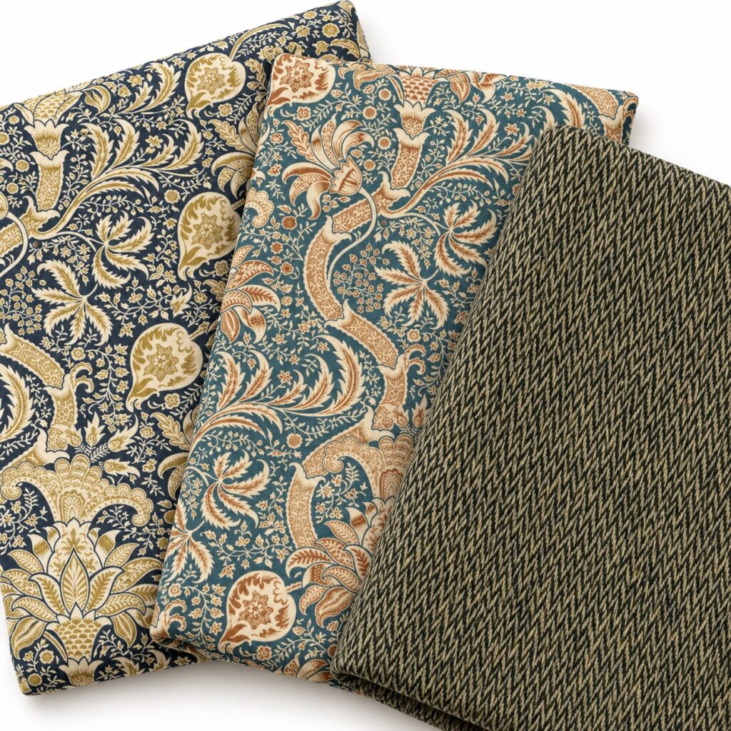 Montagu William Morris Fabrics – FreeSpirit Fabrics Montagu William Morris fabrics by FreeSpirit Fabrics featuring traditional botanical and floral designs in navy, teal, cream, gold and olive tones.
