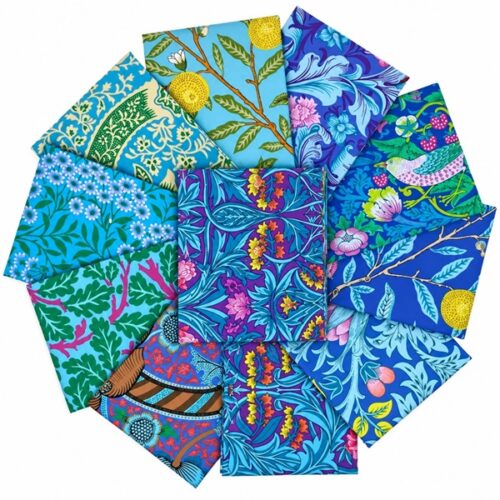 11 Piece Blue Fat Quarter Pack Kaffe Fassett x Morris & Co. featuring vibrant blue, teal and botanical fabrics