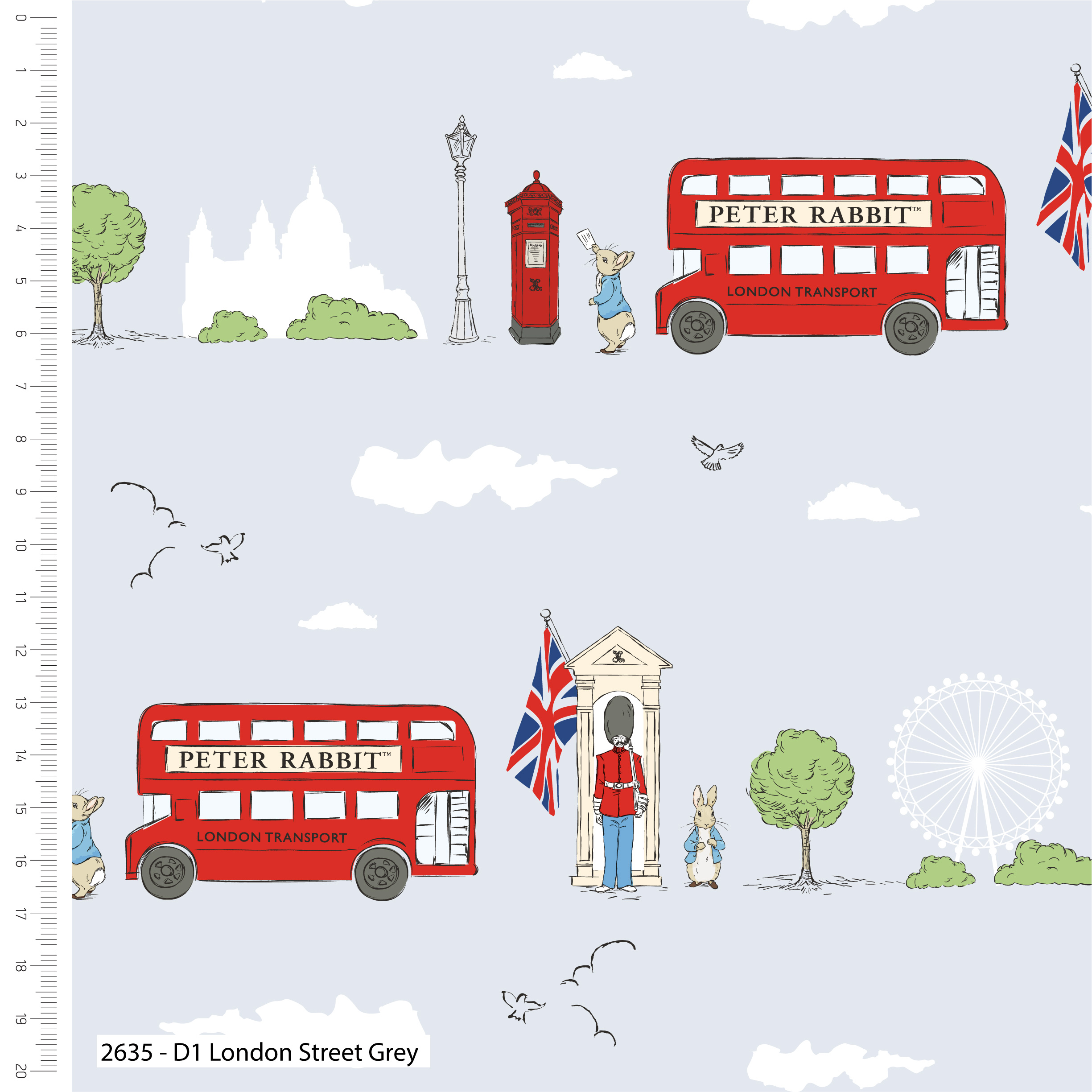 2635-D1 London Street in Grey: Peter Rabbit (Digitally Printed)