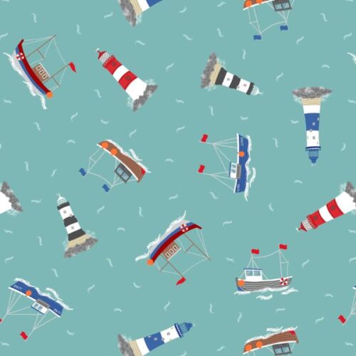 SM59.3 Boats & Lighthouses on Sea Green