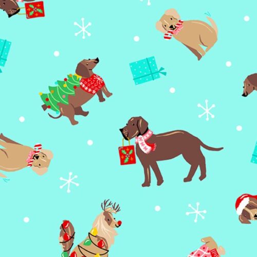 2585 T Holiday Dogs on Teal Furry and Bright Andover