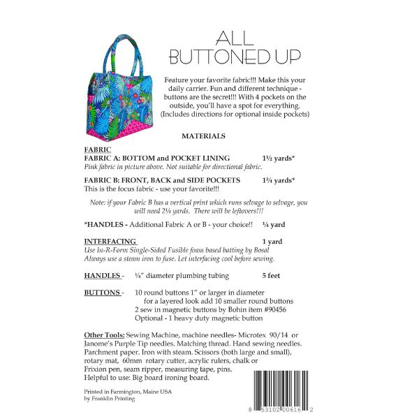 AT616 All Buttoned Up Bag Pattern Aunties Two